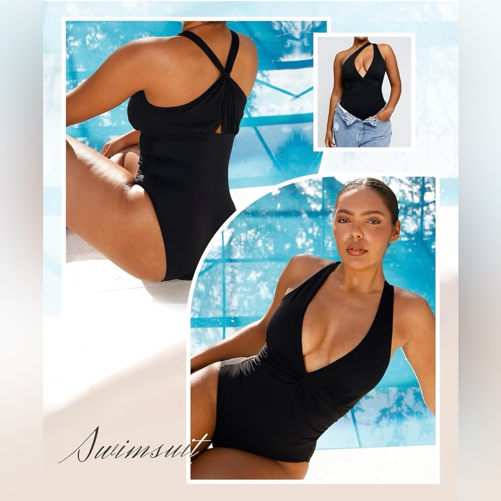 SHAPELLX Women's One Piece Swimsuit Tummy Control Ruched Full Coverage V Neck - Picture 5 of 9